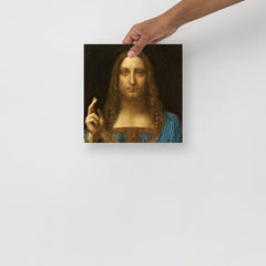 A Salvator Mundi by Leonardo Da Vinci poster on a plain backdrop in size 10x10”.