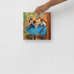 A Dancers in Blue by Edgar Degas poster on a plain backdrop in size 10x10”.