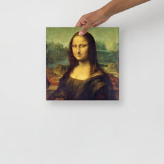 A Mona Lisa by Leonardo Da Vinci poster on a plain backdrop in size 12x12”.
