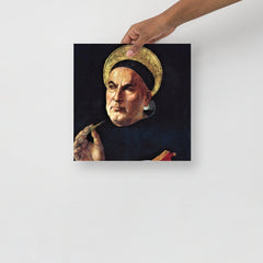 A St. Thomas Aquinas by Sandro Botticelli poster on a plain backdrop in size 12x12”.