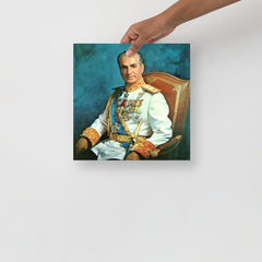 A Mohammad Reza Pahlavi poster on a plain backdrop in size 12x12”.