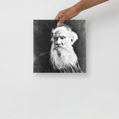 A Leo Tolstoy poster on a plain backdrop in size 12x12”.