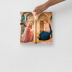 The Annunciation by Beato Angelico poster on a plain backdrop in size 12x12”.