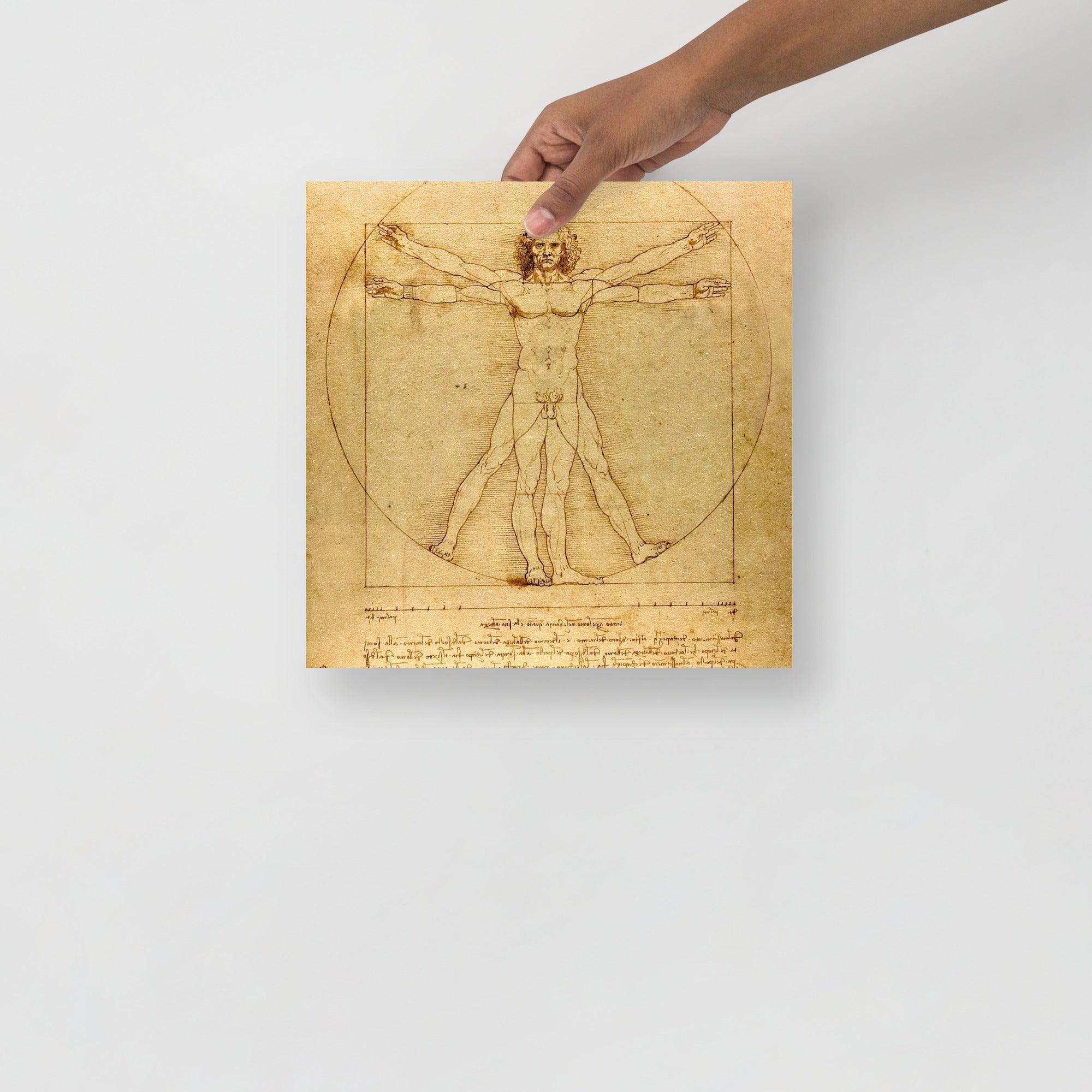 A Vitruvian Man by Leonardo da Vinci poster on a plain backdrop in size 12x12”.
