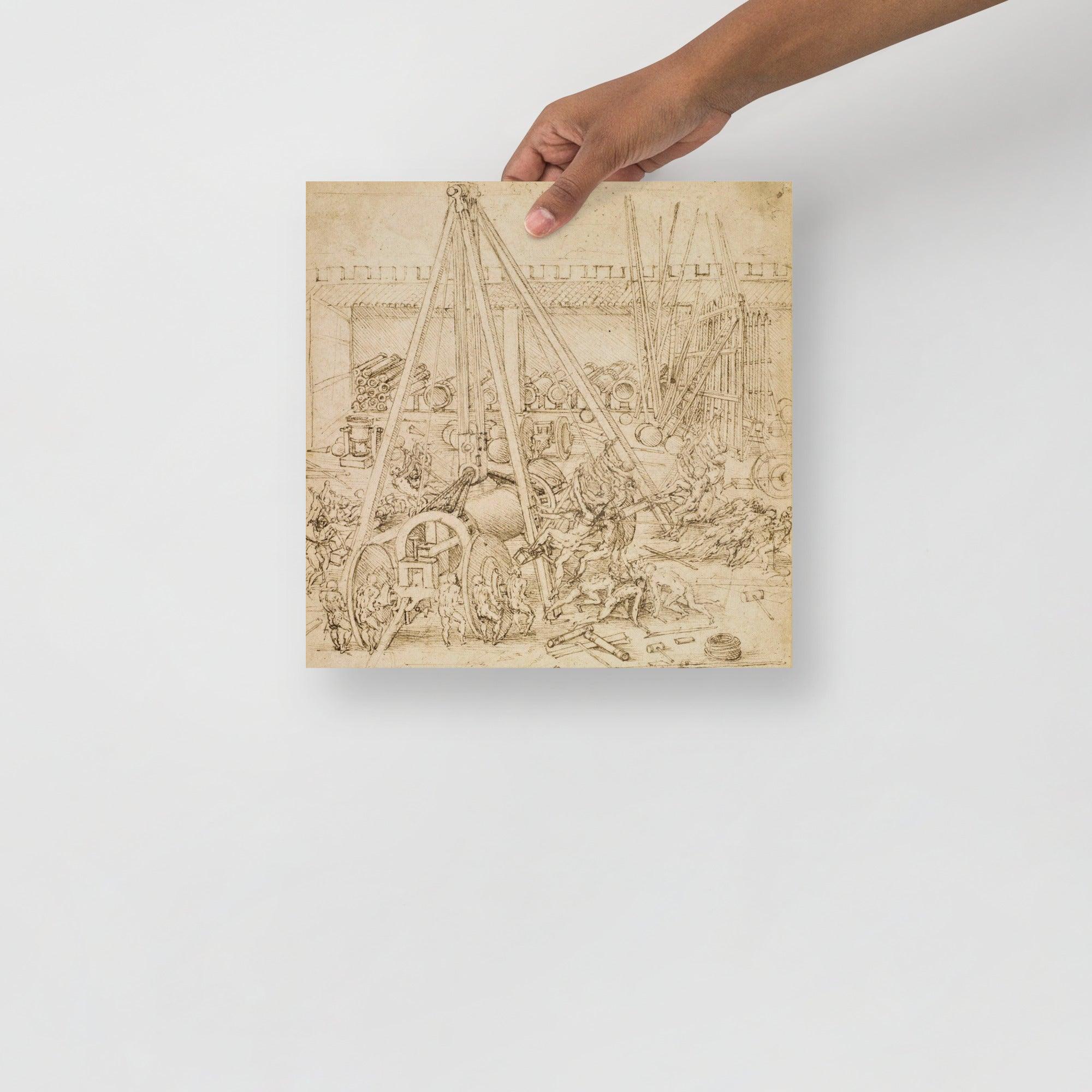 A Scene in an Arsenal by Leonardo Da Vinci poster on a plain backdrop in size 12x12”.
