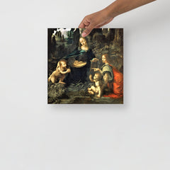 A Virgin of the Rocks by Leonardo Da Vinci  poster on a plain backdrop in size 12x12”.