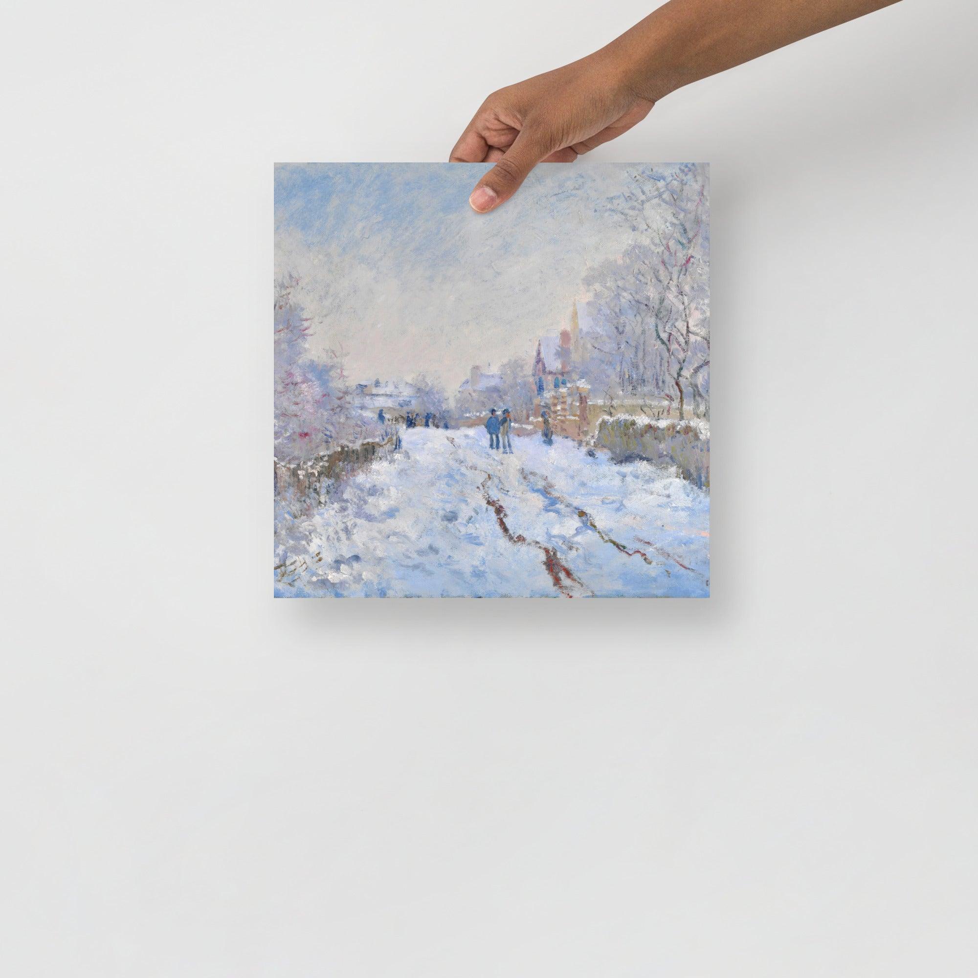 A Snow at Argenteuil by Claude Monet poster on a plain backdrop in size 12x12”.