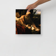 A Sacrifice of Isaac by Caravaggio poster on a plain backdrop in size 12x12”.