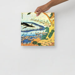 An Oceans of Wisdom by Hokusai poster on a plain backdrop in size 12x12”.