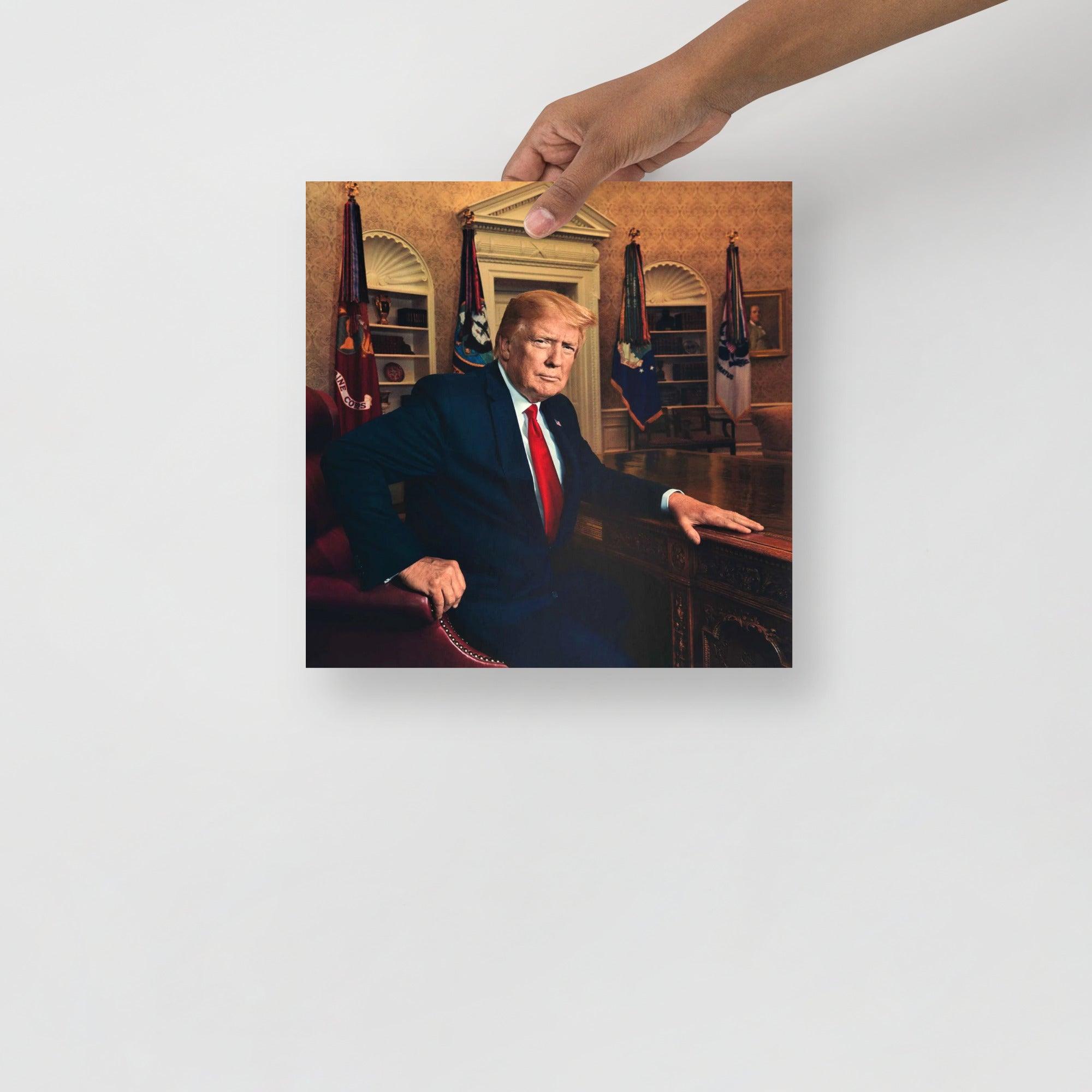 A Donald Trump at the Oval Office poster on a plain backdrop in size 12x12”.