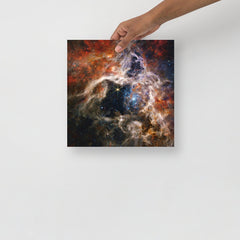 A Tarantula Nebula by James Webb Space Telescope poster on a plain backdrop in size 12x12”.