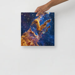 A Pillars of Creation by James Webb Telescope poster on a plain backdrop in size 12x12”.