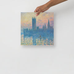 The Houses of Parliament, Sunset by Claude Monet poster on a plain backdrop in size 12x12”.
