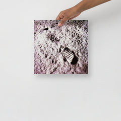 A Footprint on the Moon Apollo 11 poster on a plain backdrop in size 12x12”.