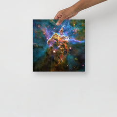 A Mystic Mountain (Carina Nebula) poster on a plain backdrop in size 12x12”.