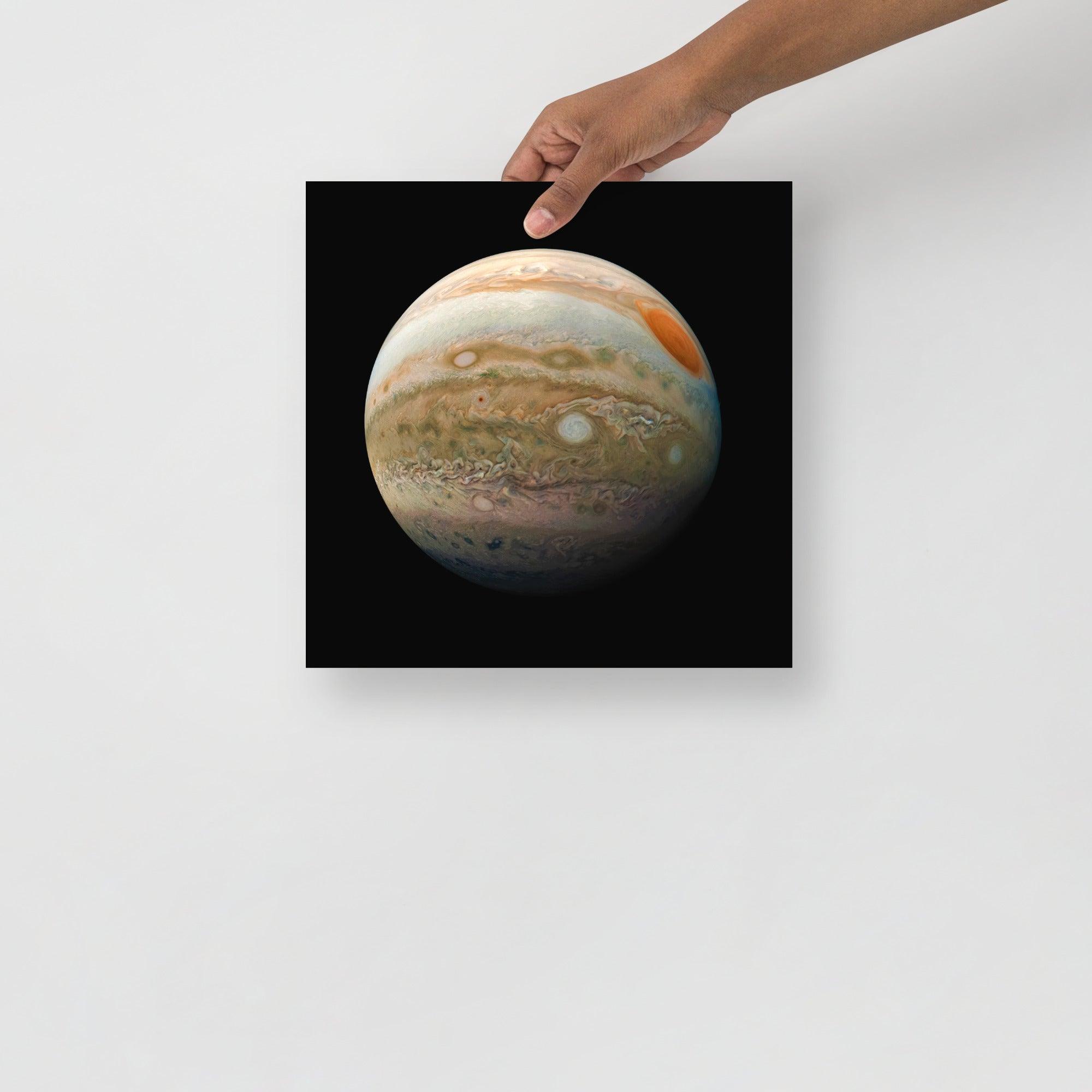 A Planet Jupiter From the Juno Spacecraft poster on a plain backdrop in size 12x12”.