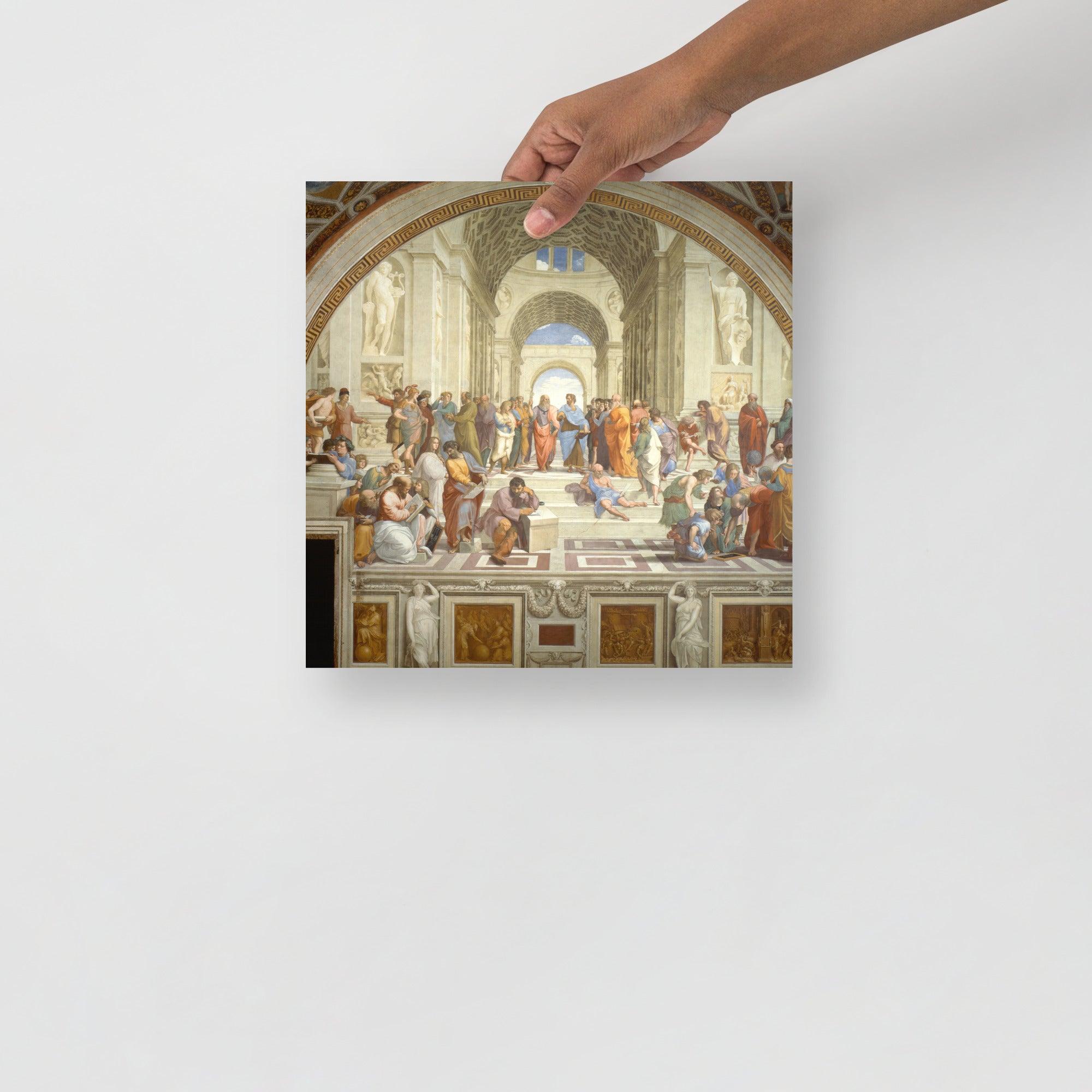 The School of Athens by Raphael poster on a plain backdrop in size 12x12”.