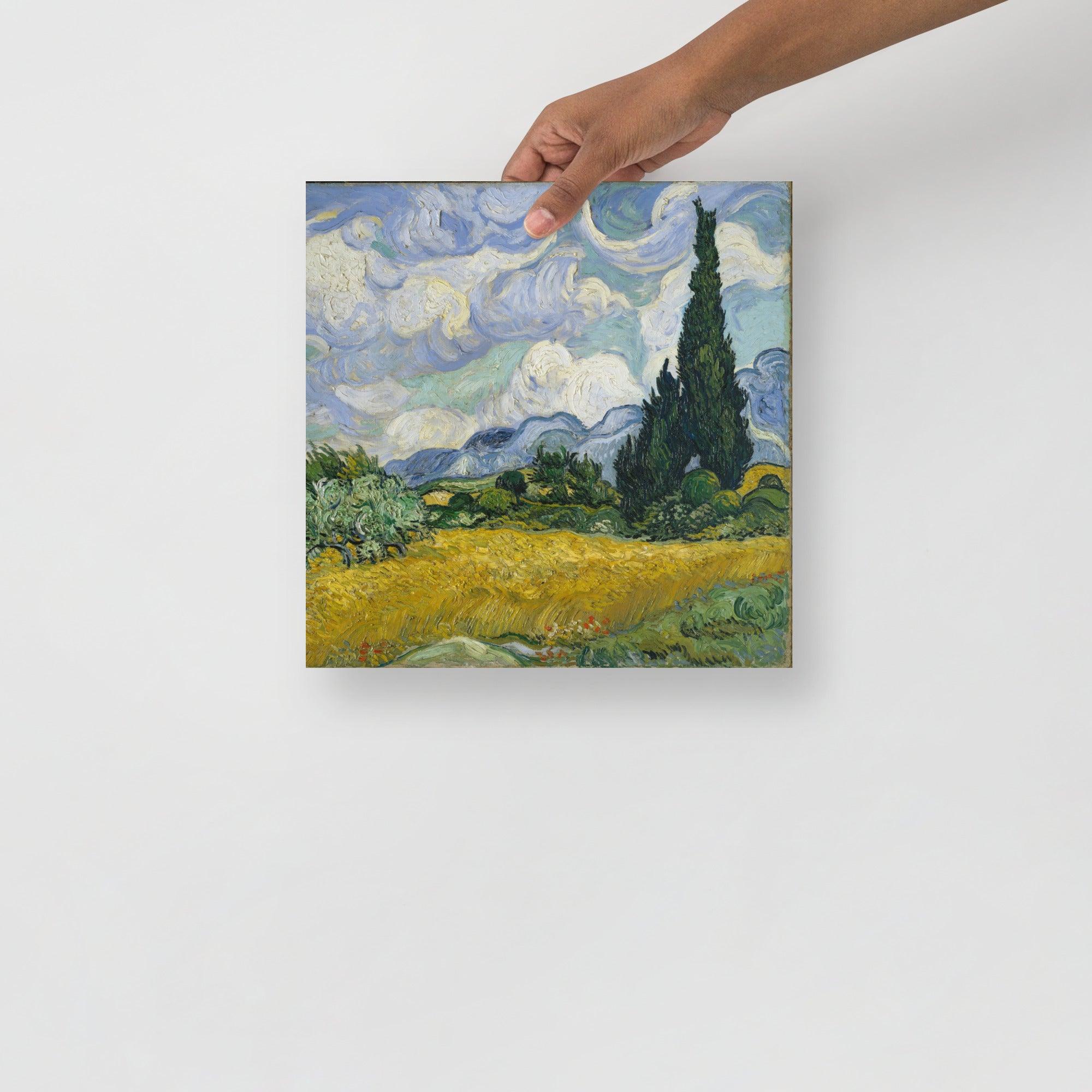 A Wheat Field with Cypresses by Vincent van Gogh poster on a plain backdrop in size 12x12”.
