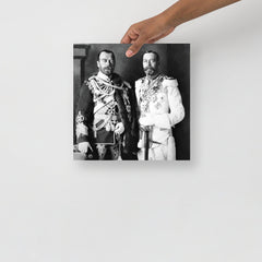 A Tsar Nicholas II & King George V poster on a plain backdrop in size 12x12”.