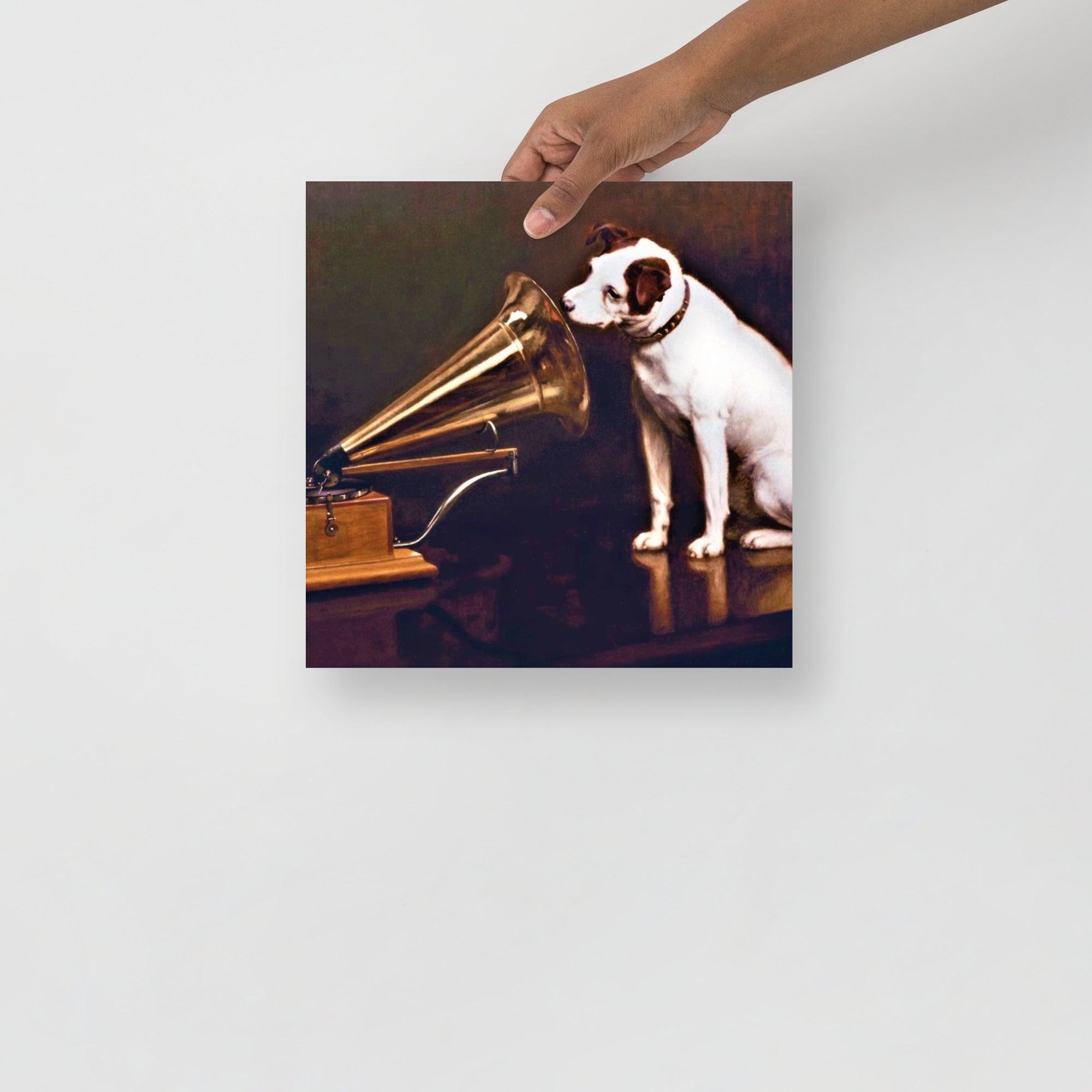 A His Master's Voice By Francis Barraud poster on a plain backdrop in size 12x12”.