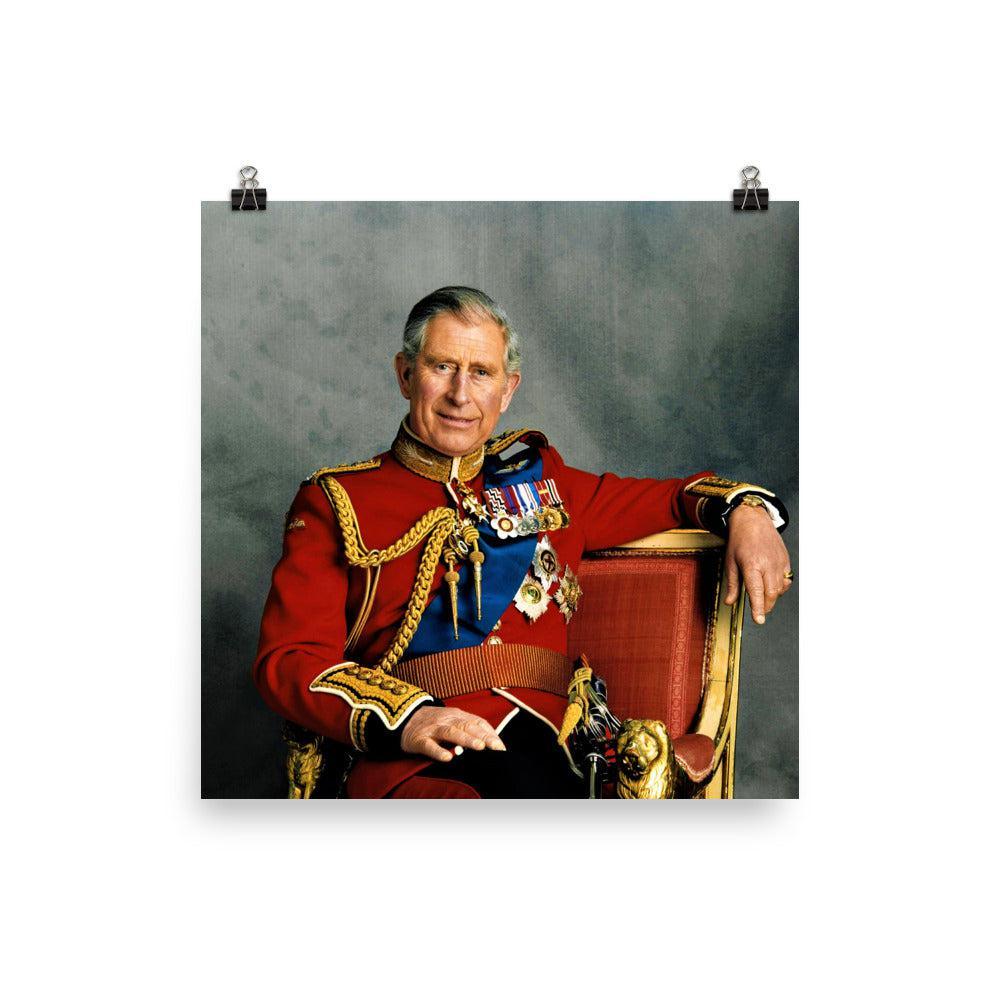 A King Charles poster on a plain backdrop in size 12x12".
