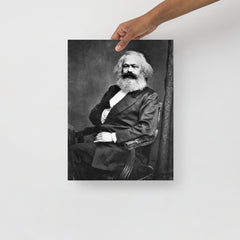A Karl Marx poster on a plain backdrop in size 12x16”.