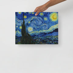 A The Starry Night by Vincent van Gogh poster on a plain backdrop in size 12x16”.