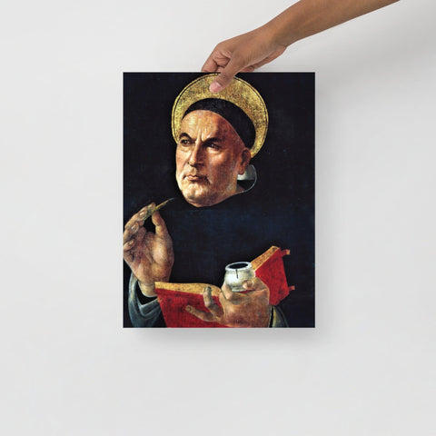 A St. Thomas Aquinas by Sandro Botticelli poster on a plain backdrop in size 12x16”.