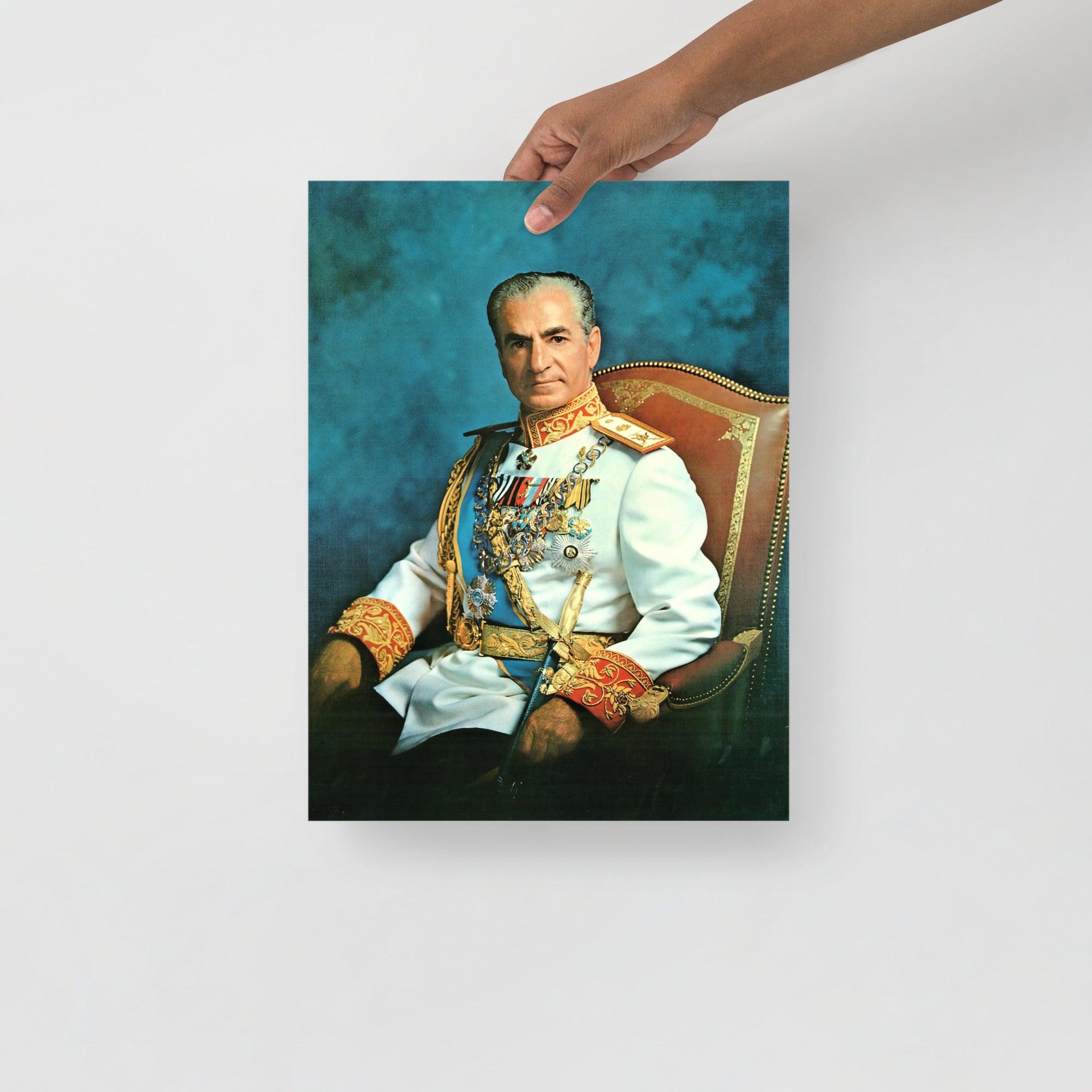 A Mohammad Reza Pahlavi poster on a plain backdrop in size 12x16”.