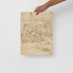 A Scene in an Arsenal by Leonardo Da Vinci poster on a plain backdrop in size 12x16”.