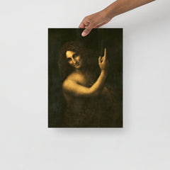 A Saint John the Baptist by Leonardo da Vinci poster on a plain backdrop in size 12x16”.