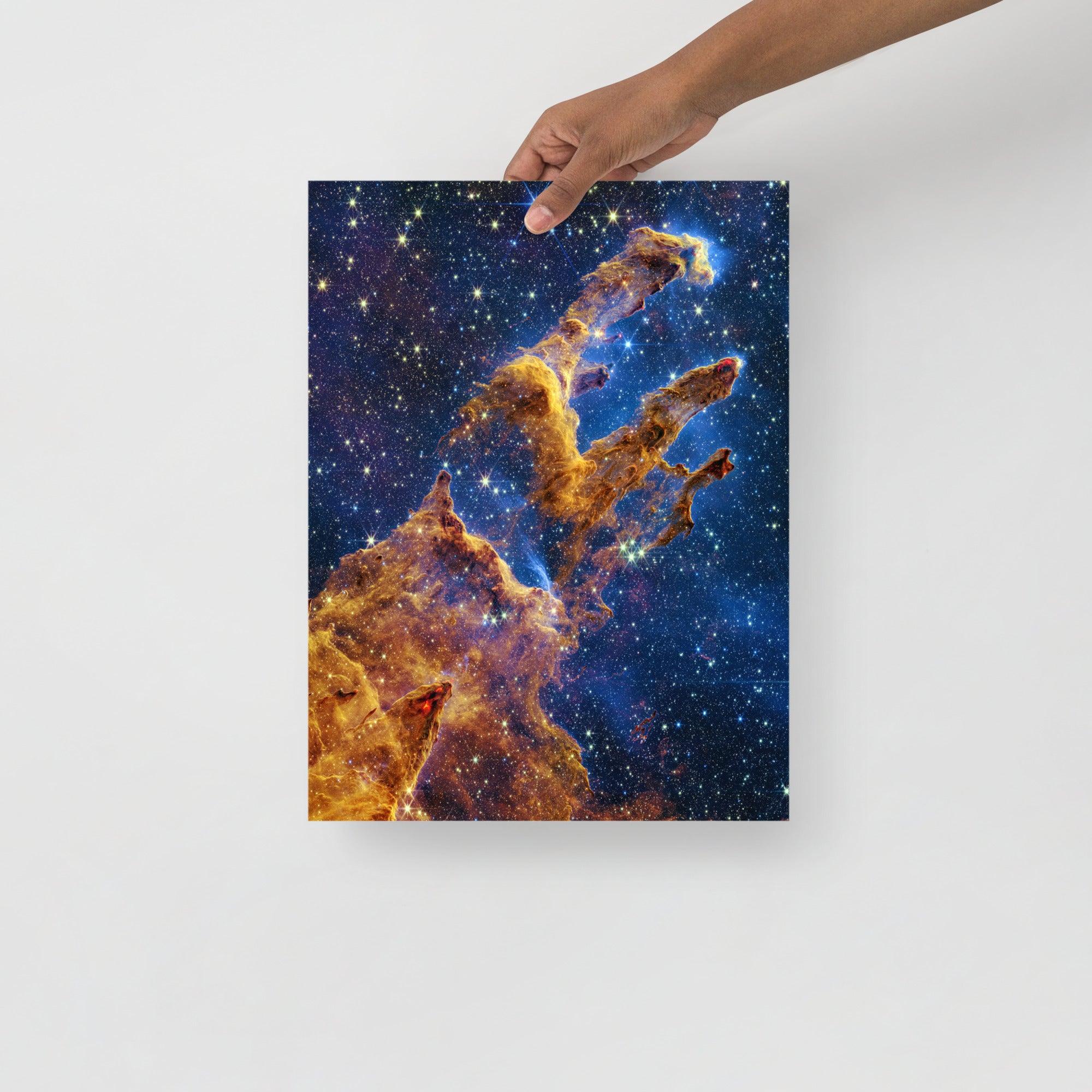 A Pillars of Creation by James Webb Telescope poster on a plain backdrop in size 12x16”.