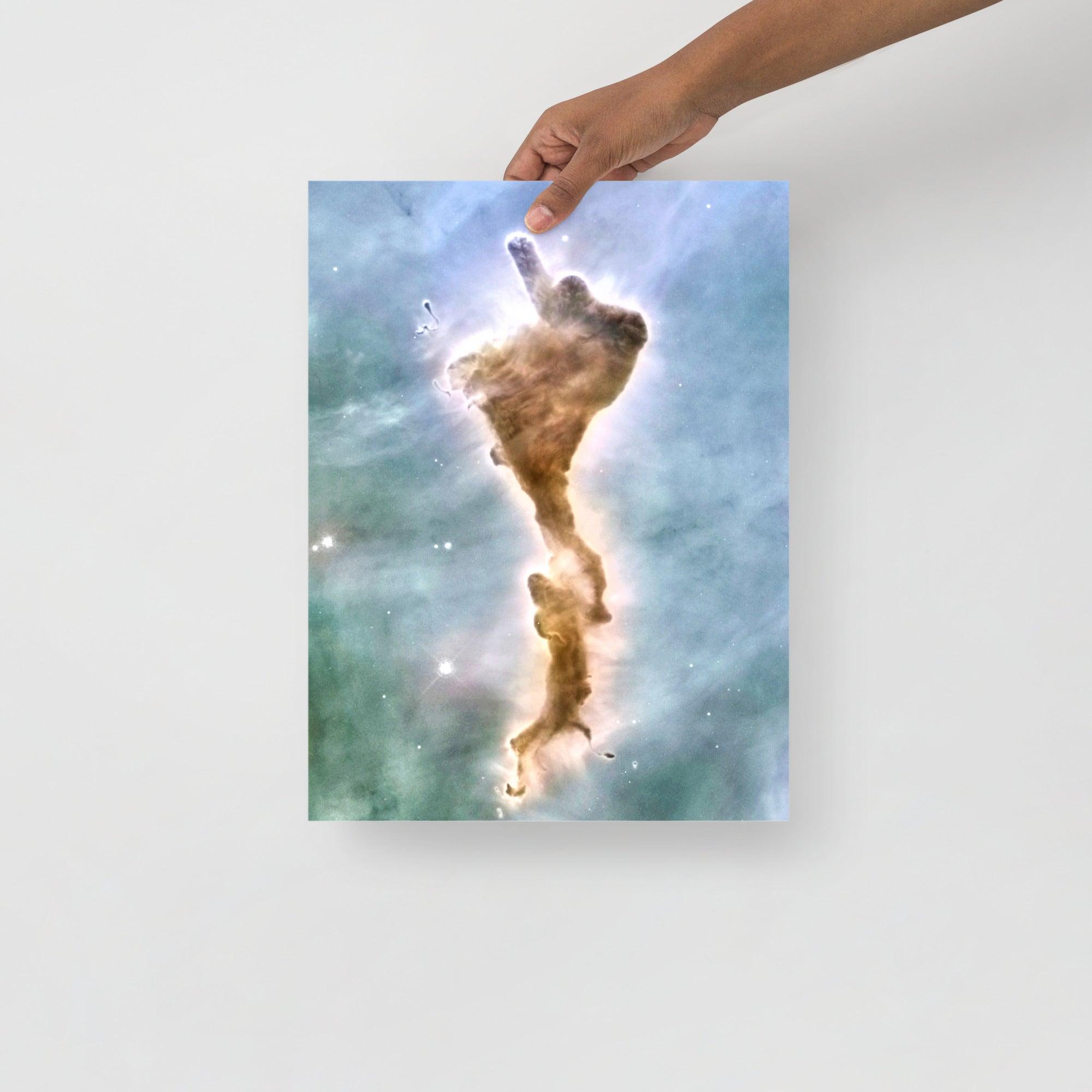A Finger of God (Carina Nebula) poster on a plain backdrop in size 12x16”.