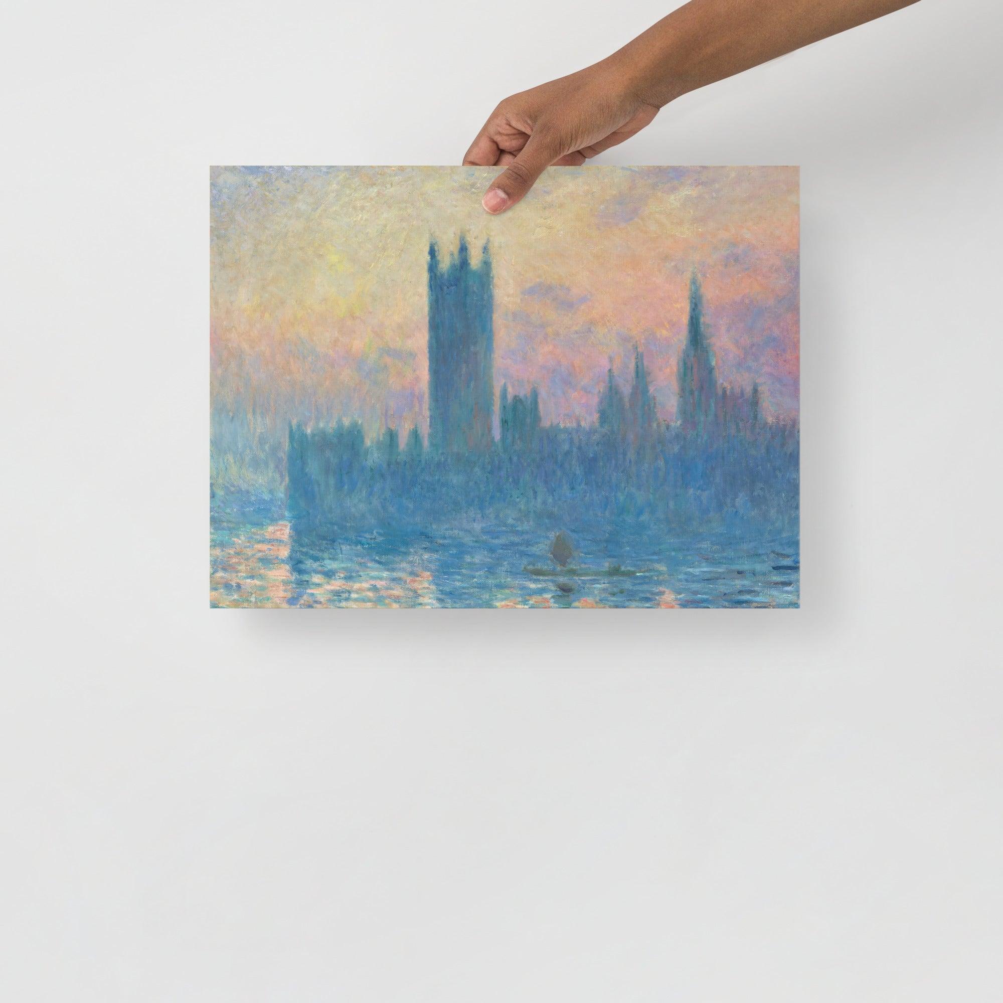 The Houses of Parliament, Sunset by Claude Monet poster on a plain backdrop in size 12x16”.