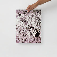 A Footprint on the Moon Apollo 11 poster on a plain backdrop in size 12x16”.