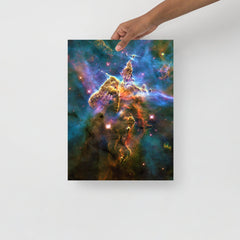 A Mystic Mountain (Carina Nebula) poster on a plain backdrop in size 12x16”.