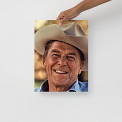 A Ronald Reagan Cowboy Hat poster on a plain backdrop in size 12x16”.