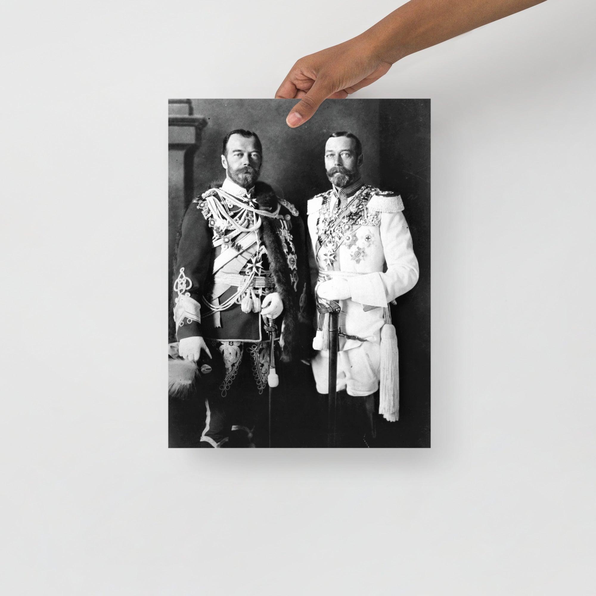 A Tsar Nicholas II & King George V poster on a plain backdrop in size 12x16”.