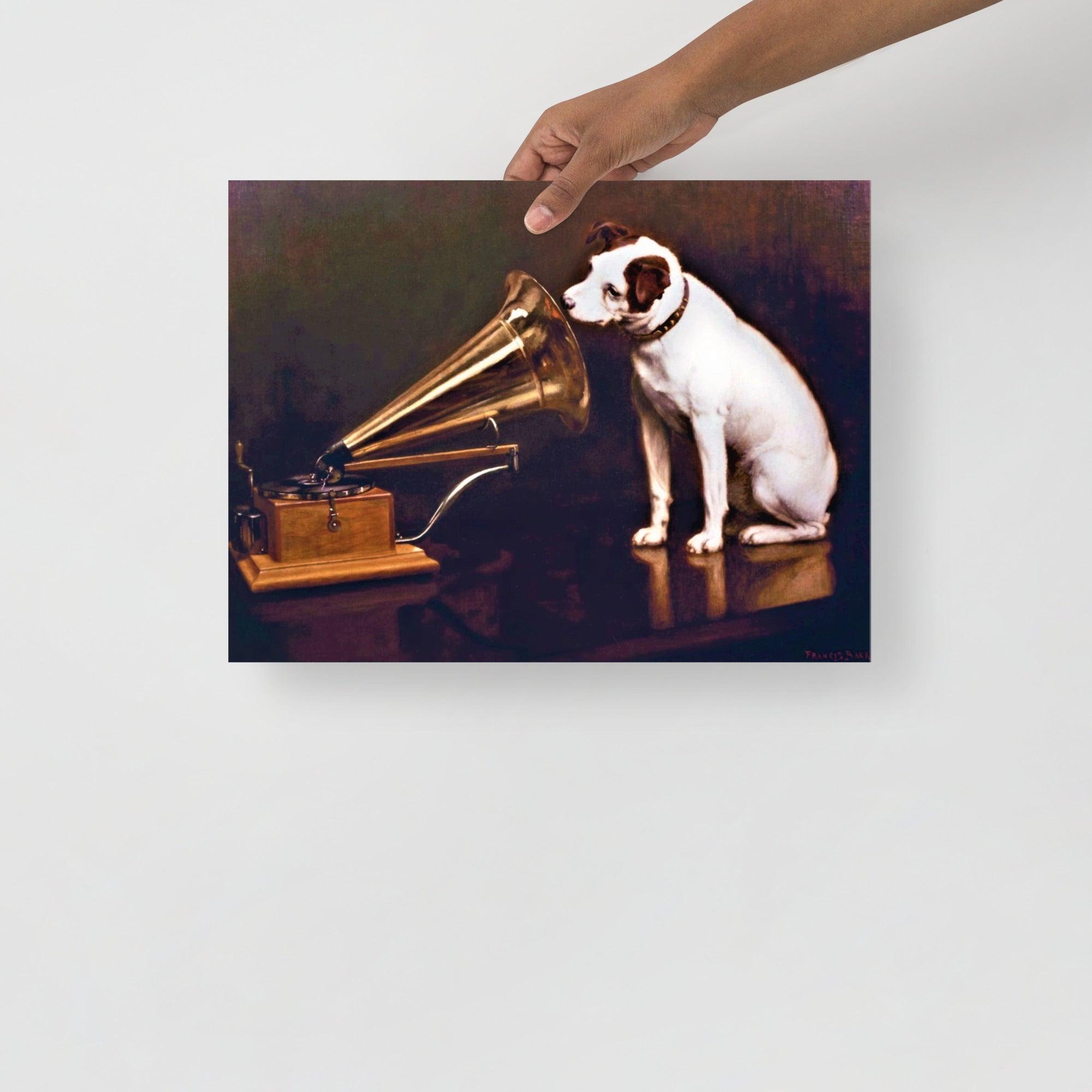 A His Master's Voice By Francis Barraud poster on a plain backdrop in size 12x16”.