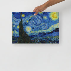 A The Starry Night by Vincent van Gogh poster on a plain backdrop in size 12x18”.