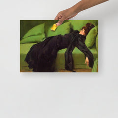 A Decadent Girl - After The Ball by Ramon Casas poster on a plain backdrop in size 12x18”.