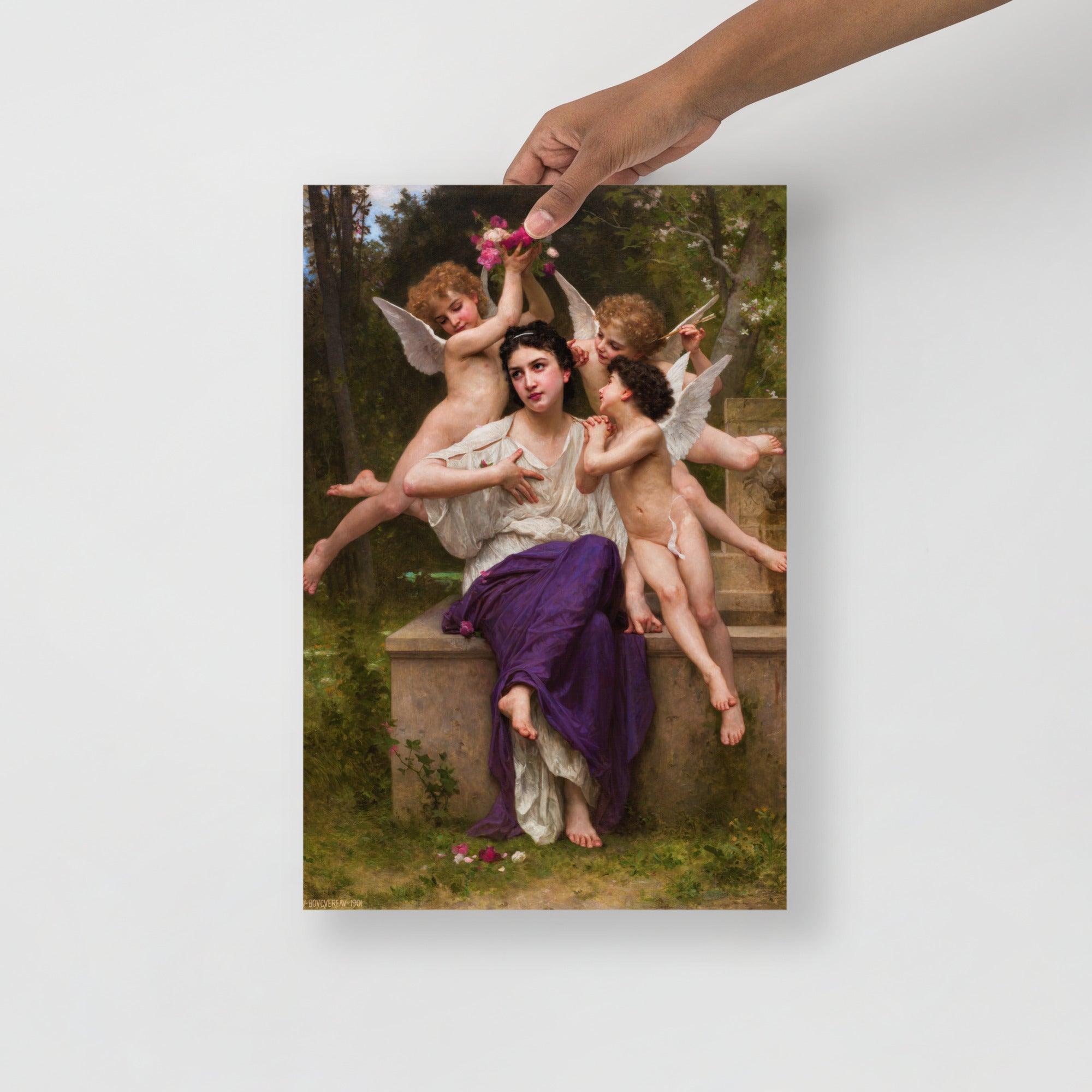A Dream Of Spring by William Adolphe Bouguereau poster on a plain backdrop in size 12x18”.