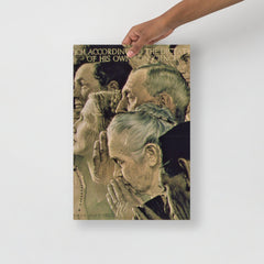 A Freedom of Worship by Norman Rockwell  poster on a plain backdrop in size 12x18”.