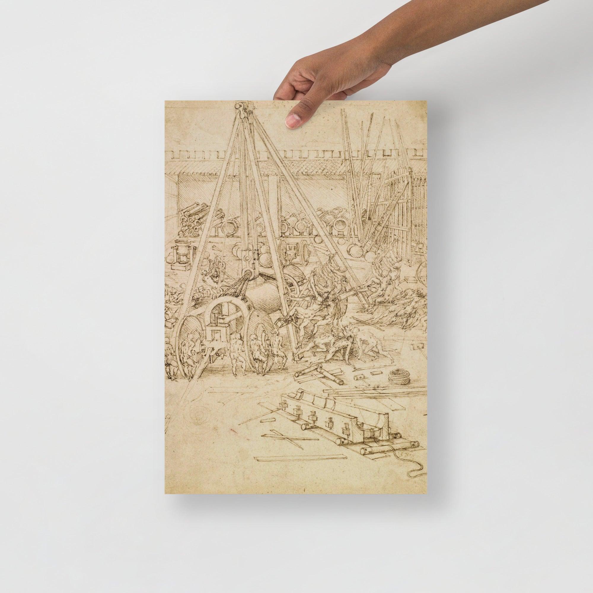 A Scene in an Arsenal by Leonardo Da Vinci poster on a plain backdrop in size 12x18”.