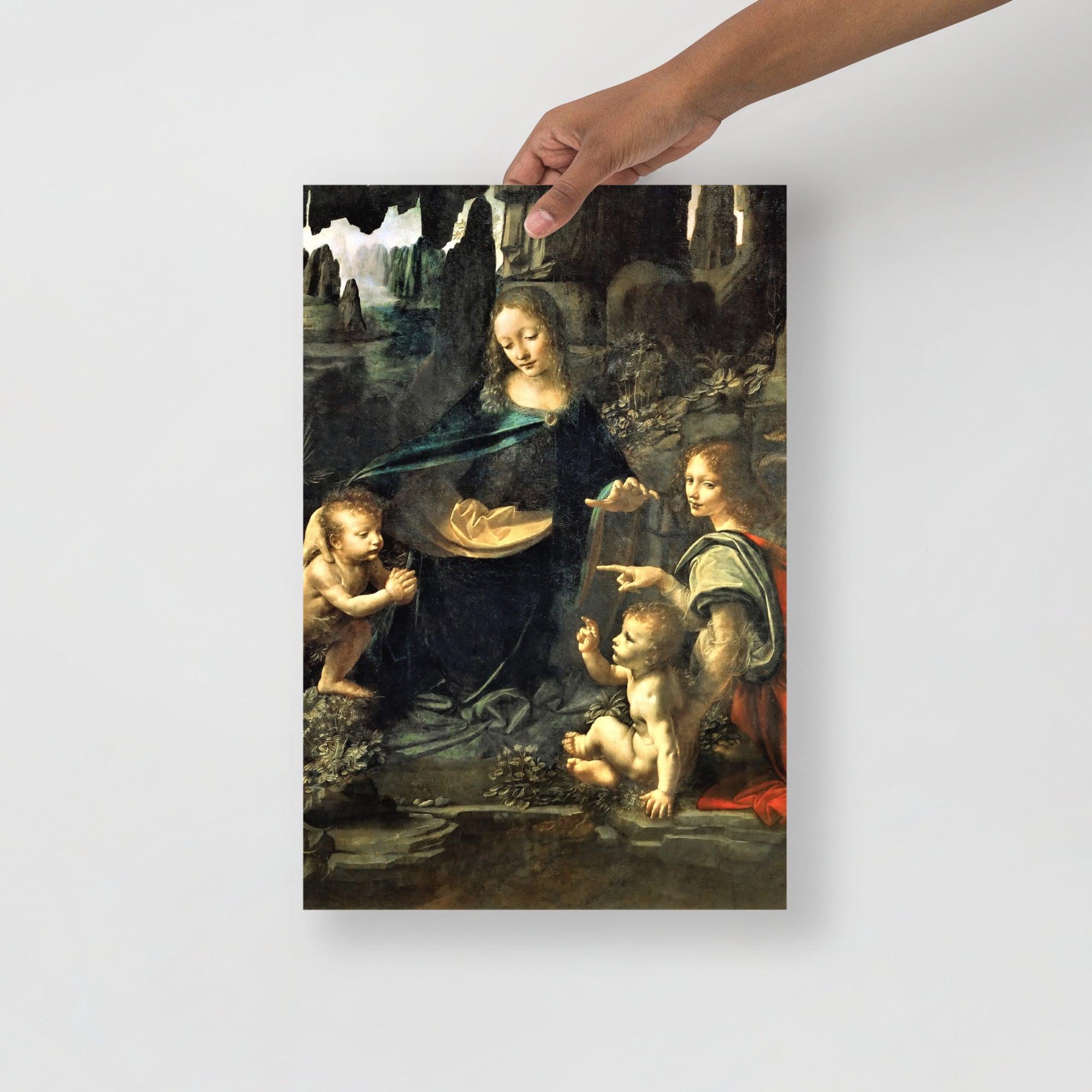 A Virgin of the Rocks by Leonardo Da Vinci  poster on a plain backdrop in size 12x18”.