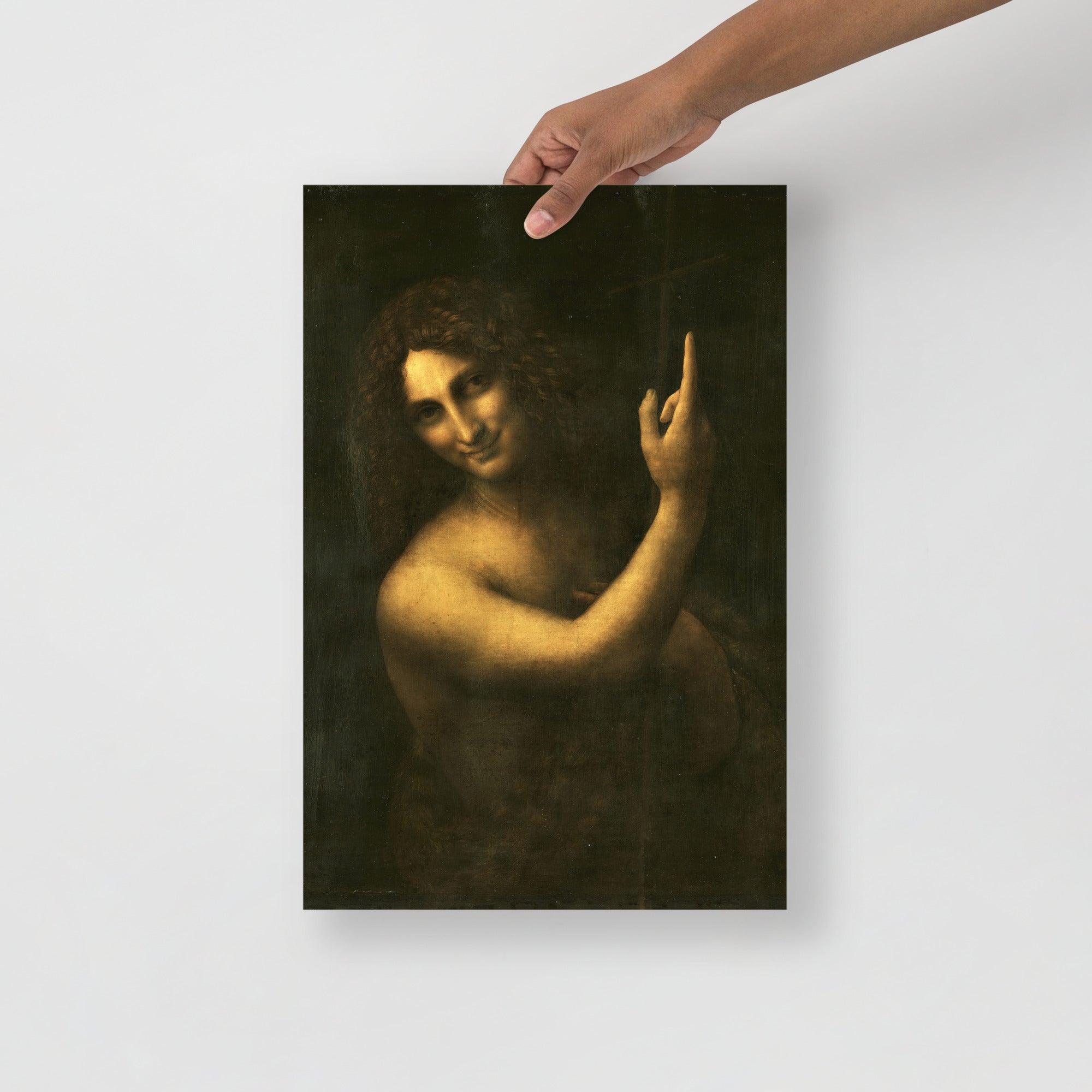 A Saint John the Baptist by Leonardo da Vinci poster on a plain backdrop in size 12x18”.