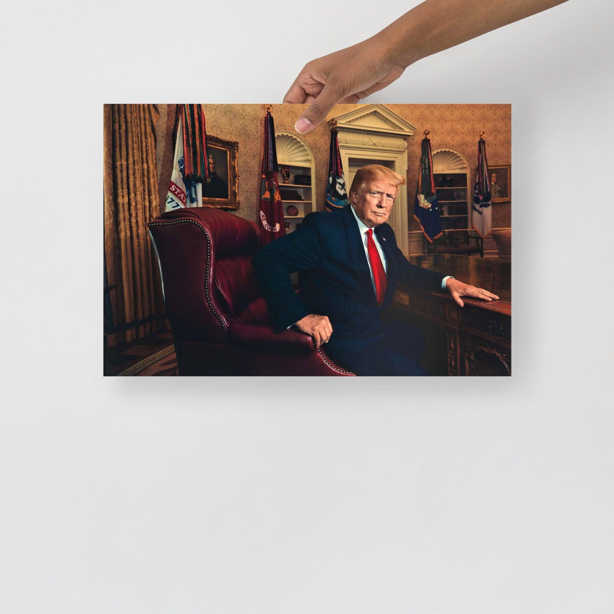 A Donald Trump at the Oval Office poster on a plain backdrop in size 12x18”.