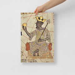 A Mansa Musa poster on a plain backdrop in size 12x18”.