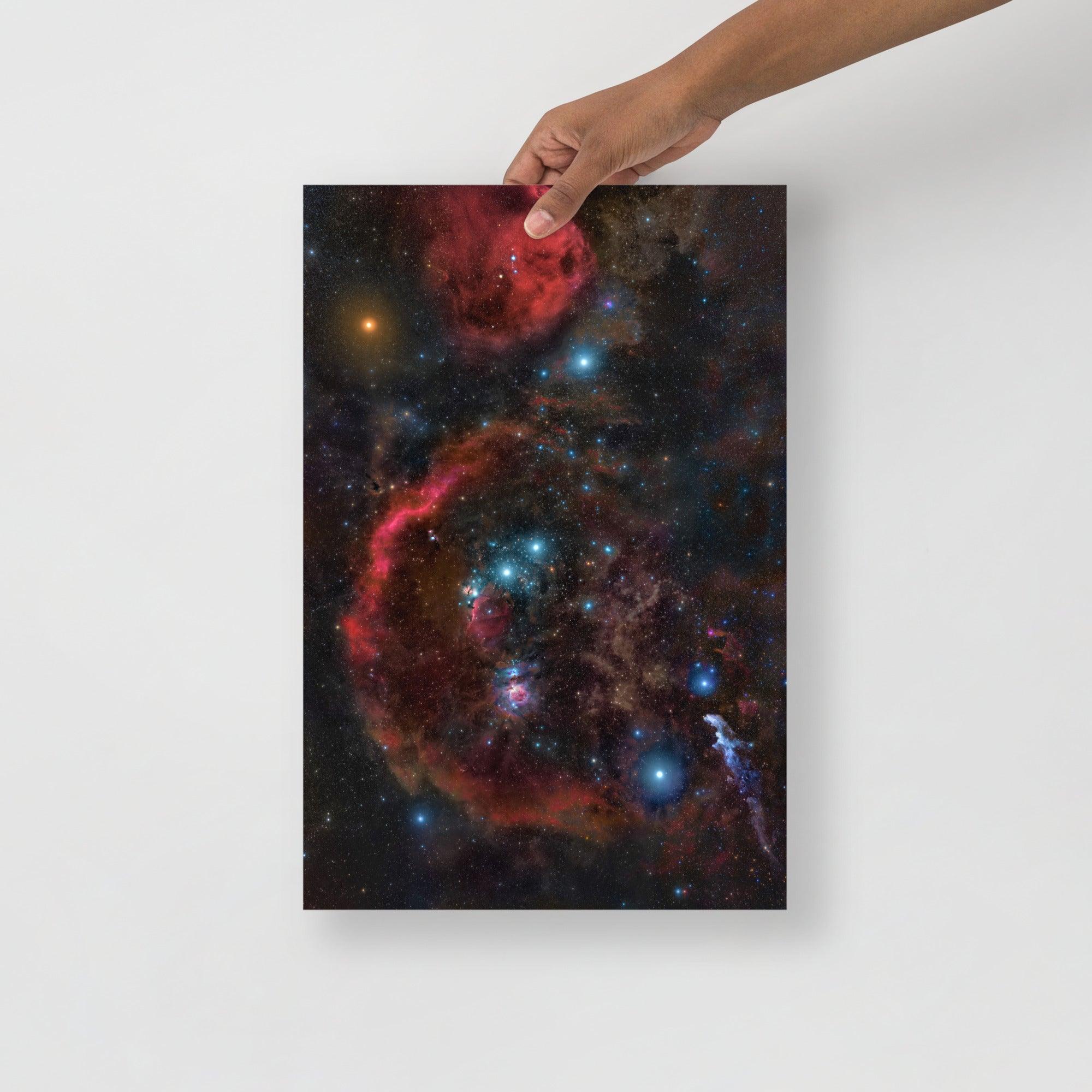 An Orion Constellation poster on a plain backdrop in size 12x18”.