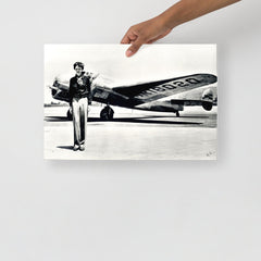 An Amelia Earhart standing in front of the Lockheed Electra on a plain backdrop in size 12x18”.